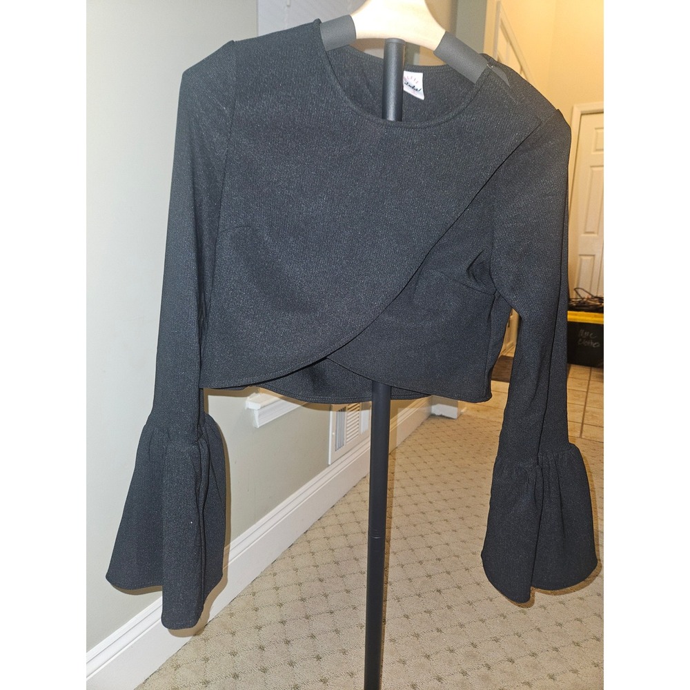 Selfie Leslie Black Bell Sleeve Wrap Front Crop Top Ribbed Textured Small